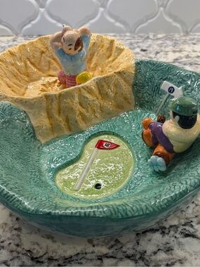 RARE Whimsical Vintage Lotus Hand-Crafted Ceramic Golf-Themed Chip and Dip Set